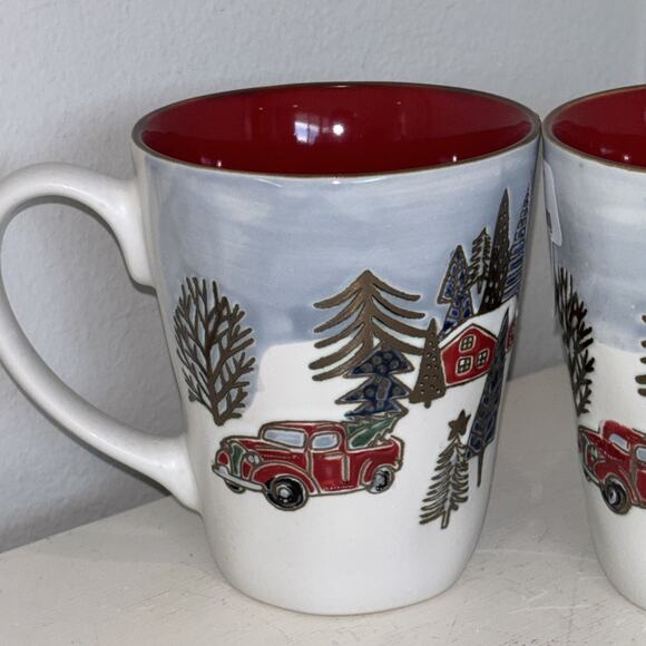 Eli & Ana Elk Ridge Red Truck Christmas Tree Holiday Set Of 2 Mugs Ceramic New - Picture 2 of 5